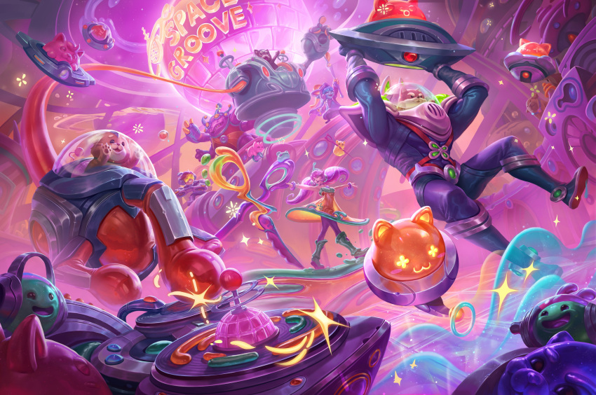 1boy 2girls absurdres animal arms_up blitzcrank bodysuit boots cat dog dress english_text floating green_footwear gwen_(league_of_legends) helmet highres league_of_legends lulu_(league_of_legends) multiple_girls nasus nunu_(league_of_legends) official_alternate_costume official_art outstretched_arms oversized_object pantyhose pink_hair robot scissors space_groove_blitz_&amp;_crank space_groove_gwen space_groove_lulu space_groove_nasus space_groove_nunu space_groove_willump space_helmet twintails ufo willump yellow_dress