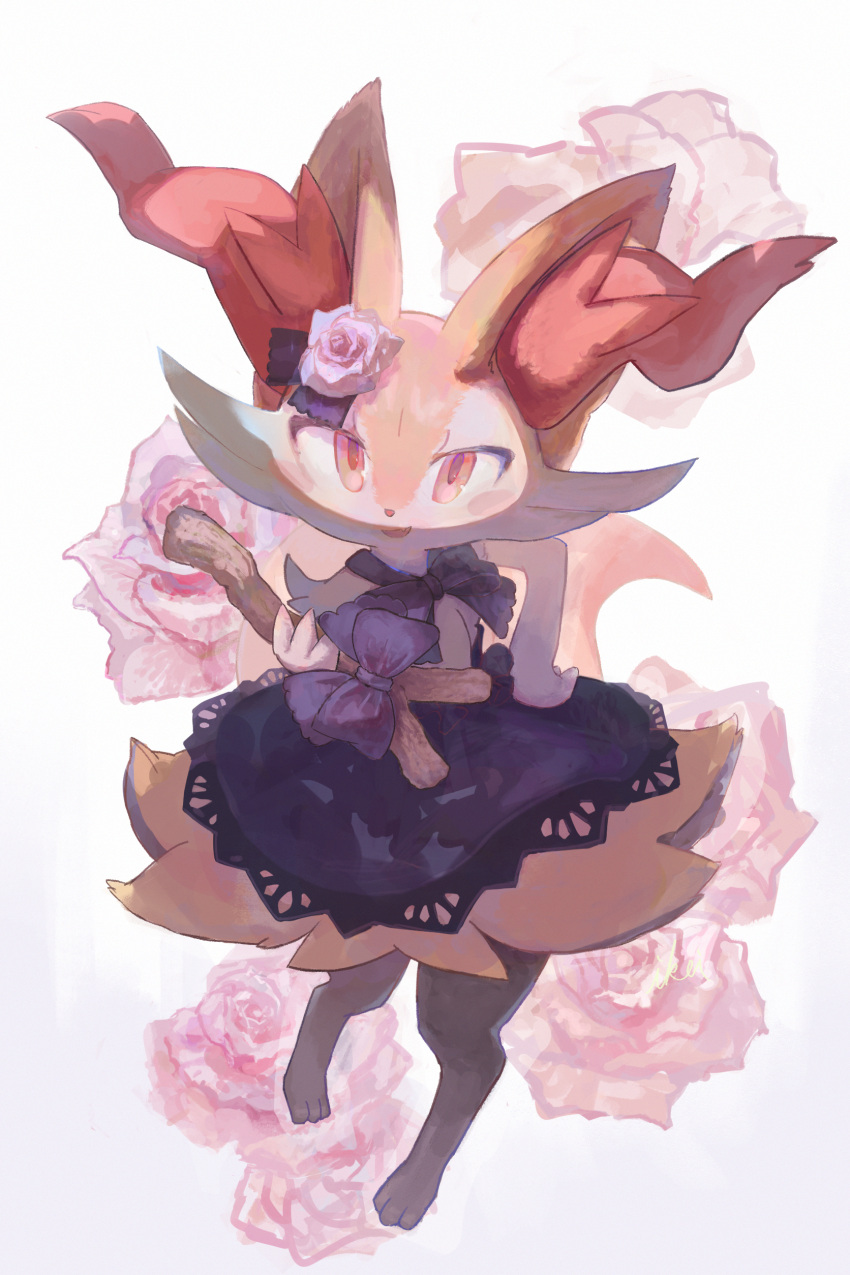 1girl absurdres animal_ear_fluff animal_ears animal_feet animal_nose barefoot black_fur blush blush_stickers body_fur bow bowtie braixen clothed_pokemon commentary_request dress feet flat_chest floral_background flower fox_ears fox_girl fox_tail furry furry_female hair_flower hair_ornament hand_on_own_hip hand_up happy highres holding holding_stick ikei lace lace-trimmed_dress lace_trim looking_at_viewer multicolored_fur neck_fur open_mouth partial_commentary pink_flower pink_rose pokemon pokemon_(creature) pokemon_cafe_mix purple_bow purple_bowtie purple_dress red_eyes revision rose short_dress smile solo stick tail white_fur yellow_fur
