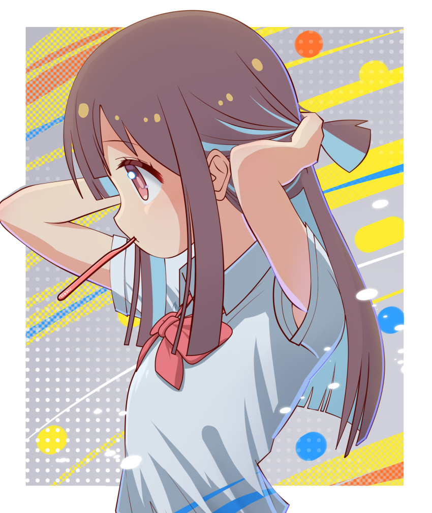 1girl abstract_background alternate_hair_length alternate_hairstyle armpit_peek bare_arms blue_hair blunt_bangs blunt_ends bow bowtie brown_eyes brown_hair colored_inner_hair commentary from_side highres hozuki_momiji long_hair mouth_hold multicolored_hair onii-chan_wa_oshimai! profile red_bow red_bowtie shirt short_ponytail short_sleeves sidelocks solo toothbrush_in_mouth two-tone_hair upper_body white_shirt wing_collar yojiro11