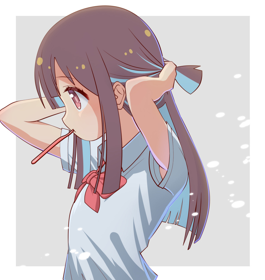 1girl alternate_hair_length alternate_hairstyle bare_arms blue_hair blunt_bangs blunt_ends bow bowtie brown_eyes brown_hair colored_inner_hair commentary from_side grey_background highres hozuki_momiji long_hair mouth_hold multicolored_hair onii-chan_wa_oshimai! profile red_bow red_bowtie shirt short_ponytail short_sleeves sidelocks simple_background solo toothbrush_in_mouth two-tone_hair upper_body white_shirt wing_collar yojiro11