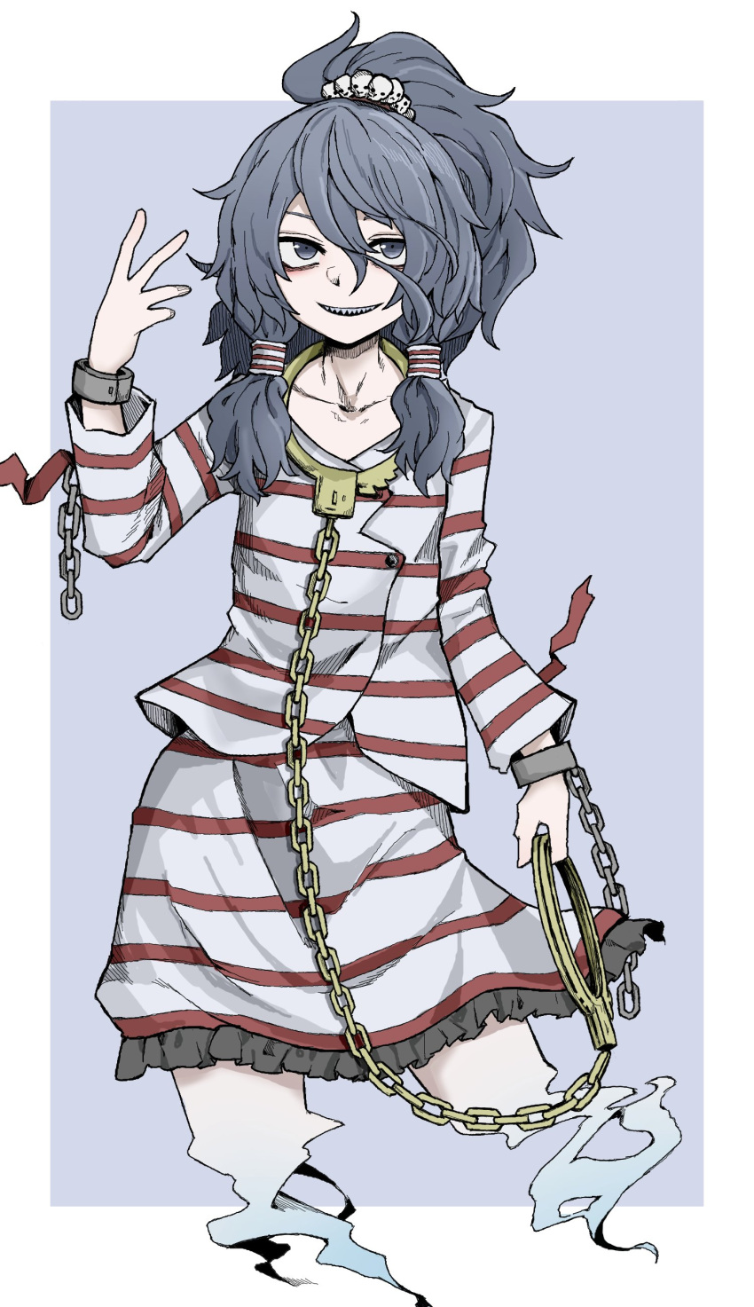 1girl :d absurdres collarbone cuffs dress eyebrows_hidden_by_hair fe_(tetsu) flat_chest ghost_tail grey_background grey_eyes grey_hair hair_between_eyes hand_up high_ponytail highres holding long_hair looking_at_viewer miyadeguchi_mizuchi open_mouth prison_clothes shackles sharp_teeth simple_background smile solo striped striped_dress teeth touhou