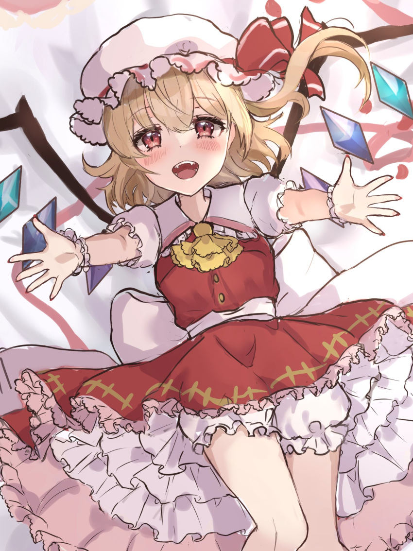 1girl :d arms_up ascot bad_perspective blonde_hair blush breasts crystal dot_nose embellished_costume fangs feet_out_of_frame flandre_scarlet foreshortening from_above happy hat highres knees_together_feet_apart looking_at_viewer lying medium_hair mob_cap on_back on_bed one_side_up open_mouth petite puffy_short_sleeves puffy_sleeves red_skirt red_vest short_sleeves skirt skirt_set small_breasts smile solo teeth tongue touhou vest wheat_retzel wings yellow_ascot