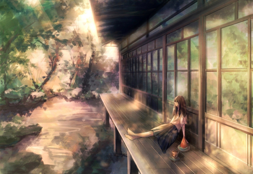 1girl architecture arm_support barefoot blue_skirt brown_hair closed_eyes closed_mouth commentary crossed_legs cup dappled_sunlight east_asian_architecture food forest fruit hair_between_eyes highres house long_hair nature original pleated_skirt sakurako_(user_tksr8842) scenery shirt short_sleeves sitting skirt sleeping solo summer sunlight tree watermelon watermelon_slice white_shirt