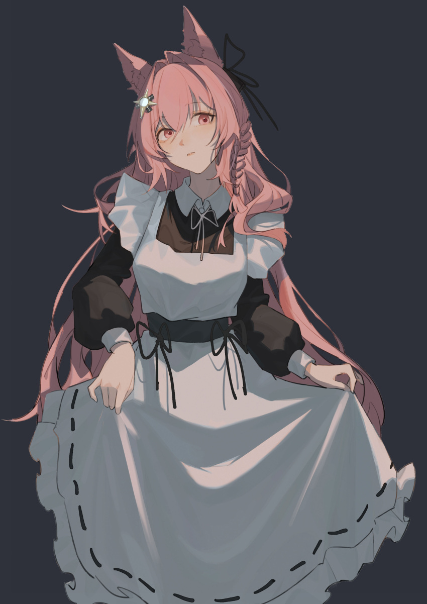 1girl absurdres alternate_costume animal_ear_fluff animal_ears apron arknights black_dress black_ribbon blush collared_dress commentary cowboy_shot dress enmaided grey_background hair_between_eyes hair_ornament hair_ribbon highres huabuhaoren lips long_hair long_sleeves looking_at_viewer maid maid_apron neck_ribbon parted_lips pink_eyes pink_hair pozyomka_(arknights) ribbon simple_background skirt_hold sleeve_cuffs solo very_long_hair white_ribbon wolf_ears wolf_girl