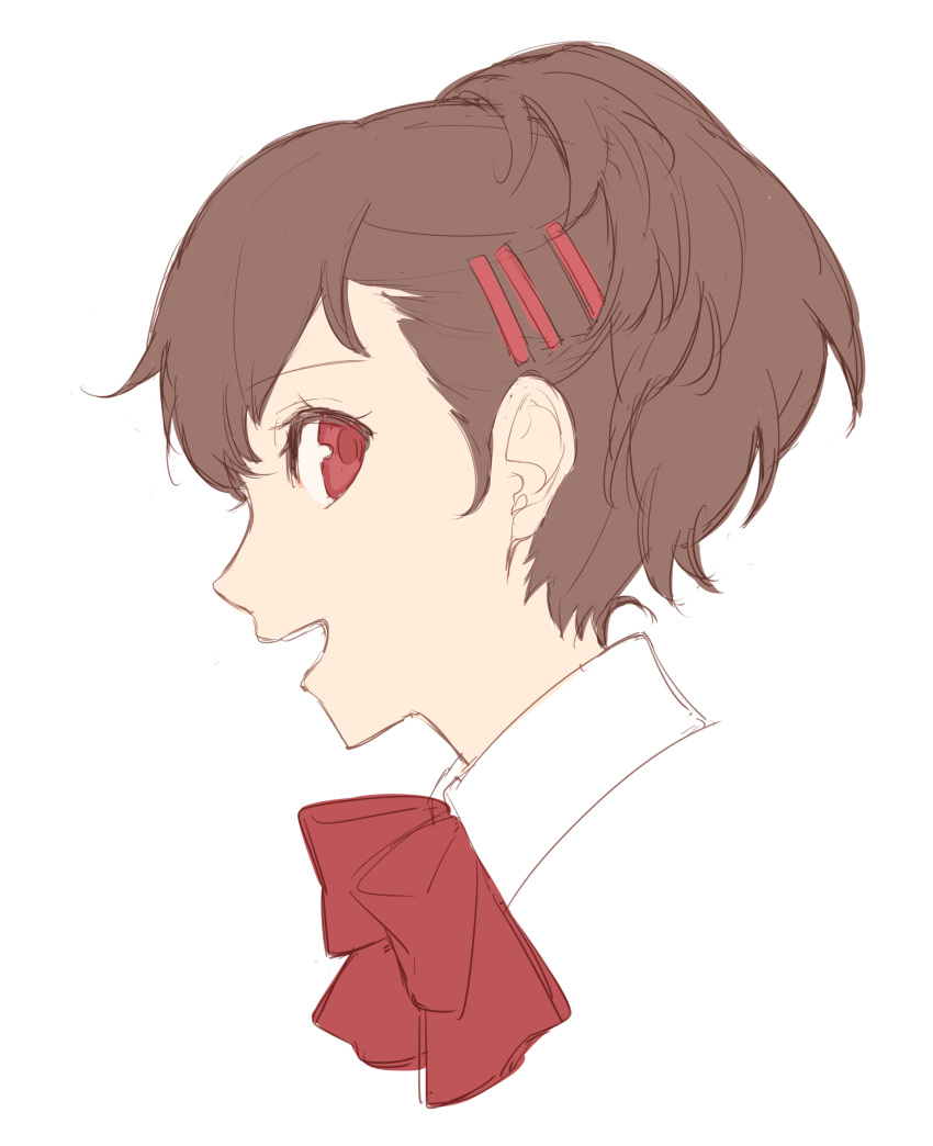1girl :d absurdres bow bowtie brown_hair hair_ornament hairclip highres looking_at_viewer looking_to_the_side open_mouth persona persona_3 portrait red_bow red_bowtie red_eyes shiomi_kotone short_hair simple_background sketch smile solo tsubsa_syaoin white_background