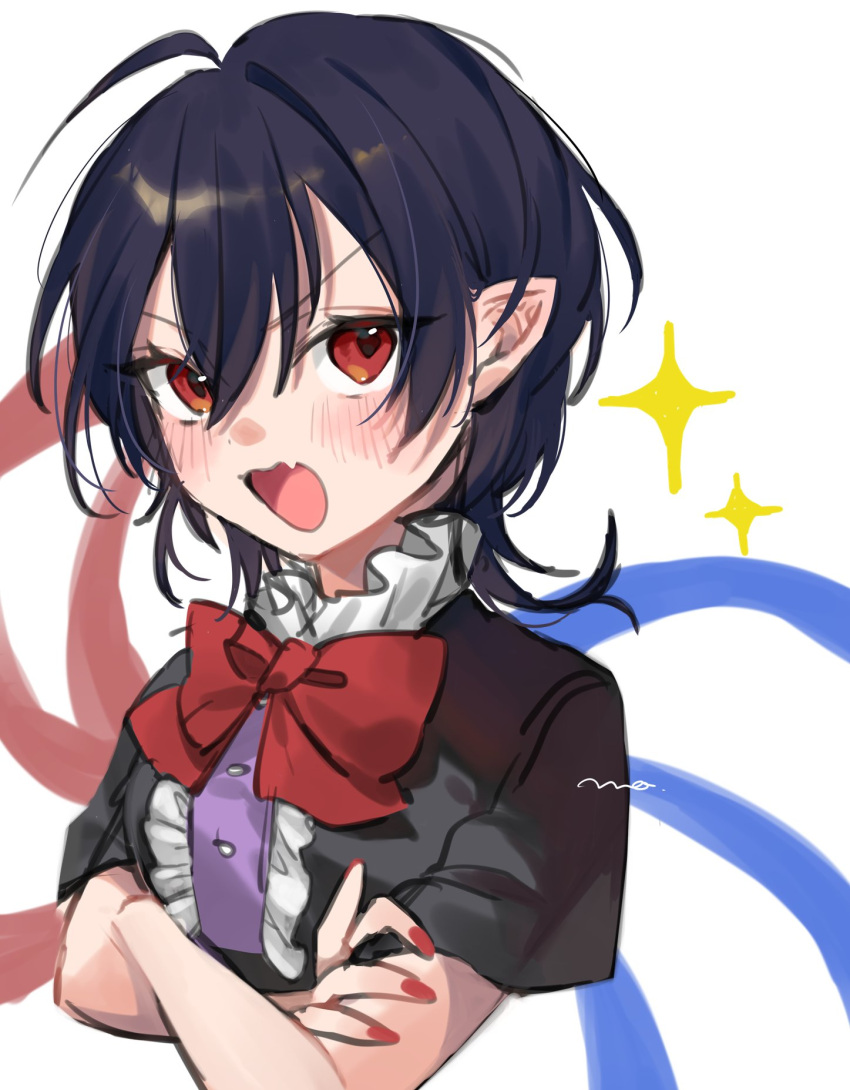 1girl :d asymmetrical_wings black_dress black_hair blue_wings bow bowtie breasts center_frills cropped_torso crossed_arms dress fang frills hair_between_eyes highres houjuu_nue looking_at_viewer makita_(vector1525) medium_breasts nail_polish red_bow red_bowtie red_eyes red_nails red_wings short_hair simple_background skin_fang smile solo sparkle upper_body v-shaped_eyebrows white_background wings