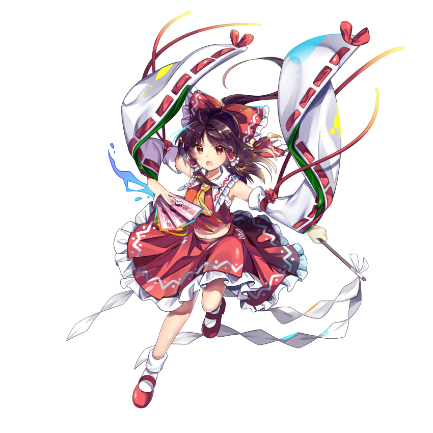 1girl ascot bow brown_hair detached_sleeves full_body game_cg gohei hair_bow hakurei_reimu highres holding looking_at_viewer medium_hair ofuda open_mouth red_bow red_eyes red_footwear red_shirt red_skirt ribbon-trimmed_sleeves ribbon_trim rotte_(1109) shide shirt sidelocks simple_background skirt socks solo third-party_source touhou touhou_lost_word white_background white_socks wide_sleeves yellow_ascot