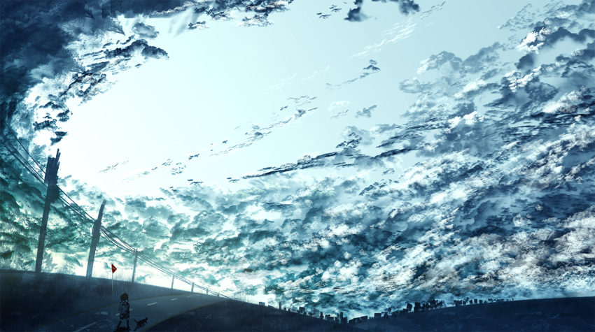 1girl backpack bag black_cat black_thighhighs blue_sky blue_theme cat chocoshi clouds cloudy_sky from_behind horizon medium_hair original outdoors painttool_sai_(medium) road_sign scenery sign sky sky_focus skyline solo stop_sign thigh-highs utility_pole very_wide_shot
