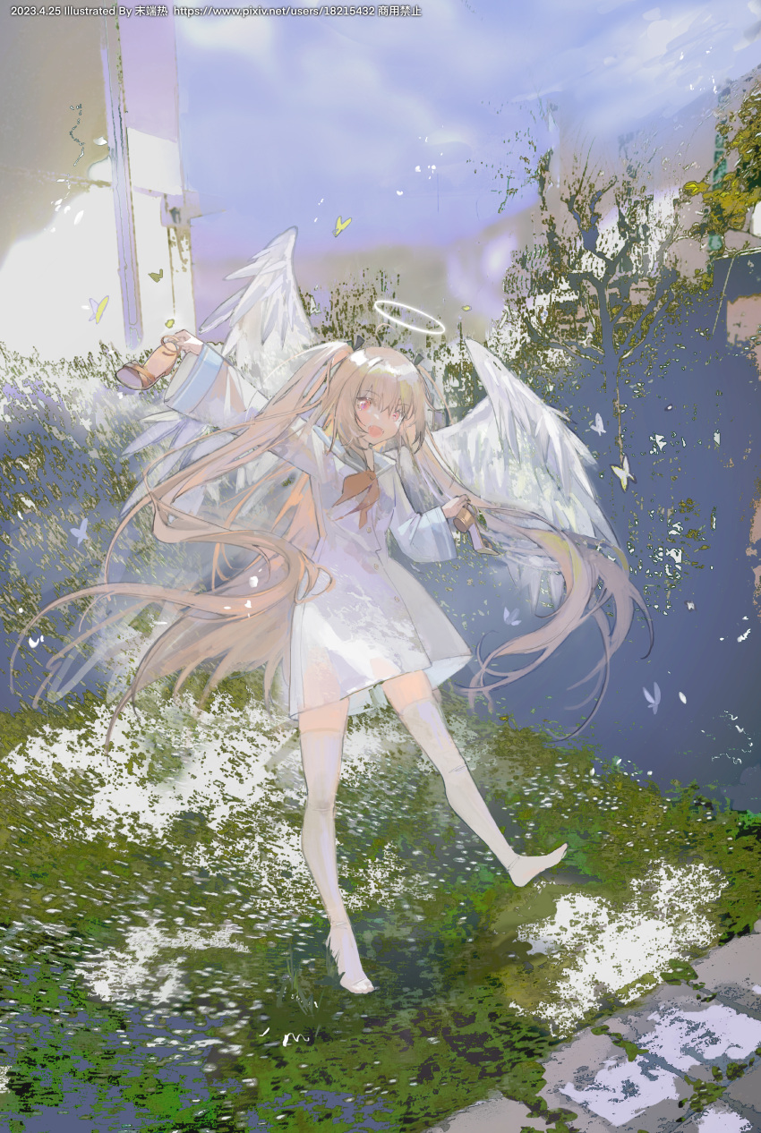 1girl 2023 :d absurdres ahoge angel angel_wings arm_up atri atri-my_dear_moments- black_ribbon blue_sailor_collar blue_sky blush breasts bug butterfly chinese_commentary commentary_request dated day dress fangs feathered_wings feet finn_zoey floating_hair full_body hair_between_eyes hair_ribbon halo happy highres holding holding_clothes holding_footwear light_brown_hair long_hair long_sleeves looking_at_viewer neckerchief no_shoes open_mouth outdoors photo_background red_eyes red_neckerchief ribbon sailor_collar sandals sandals_removed sky small_breasts smile solo standing standing_on_one_leg thigh-highs two_side_up variant_set very_long_hair white_dress white_thighhighs white_wings wide_sleeves wings zettai_ryouiki