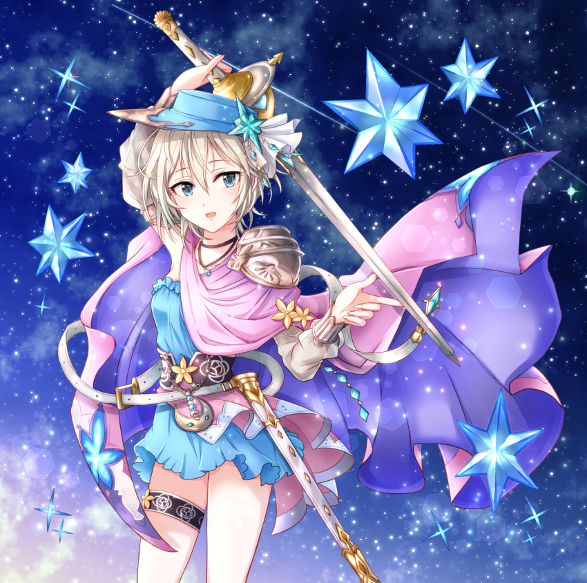 1girl :d anastasia_(idolmaster) arm_up blue_dress blue_eyes blue_headwear cape detached_sleeves dress grey_sleeves hair_between_eyes highres holding holding_sword holding_weapon idolmaster idolmaster_cinderella_girls long_sleeves looking_at_viewer open_mouth pink_cape popon_ta see-through see-through_sleeves sheath short_dress short_hair smile solo standing strapless strapless_dress sword thighlet tube_dress underbust weapon white_hair