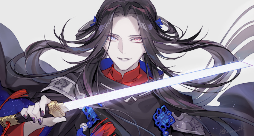 1boy black_hair black_robe blue_eyes chinese_knot glowing glowing_sword glowing_weapon grey_background hair_rings heterochromia holding holding_sword holding_weapon long_hair long_sleeves looking_at_viewer male_focus mandarin_collar nail_polish parted_bangs parted_lips pota_(bluegutty) purple_nails red_eyes red_shirt robe shichiseiken_(touken_ranbu) shirt simple_background smile solo sword tassel touken_ranbu upper_body weapon wide_sleeves