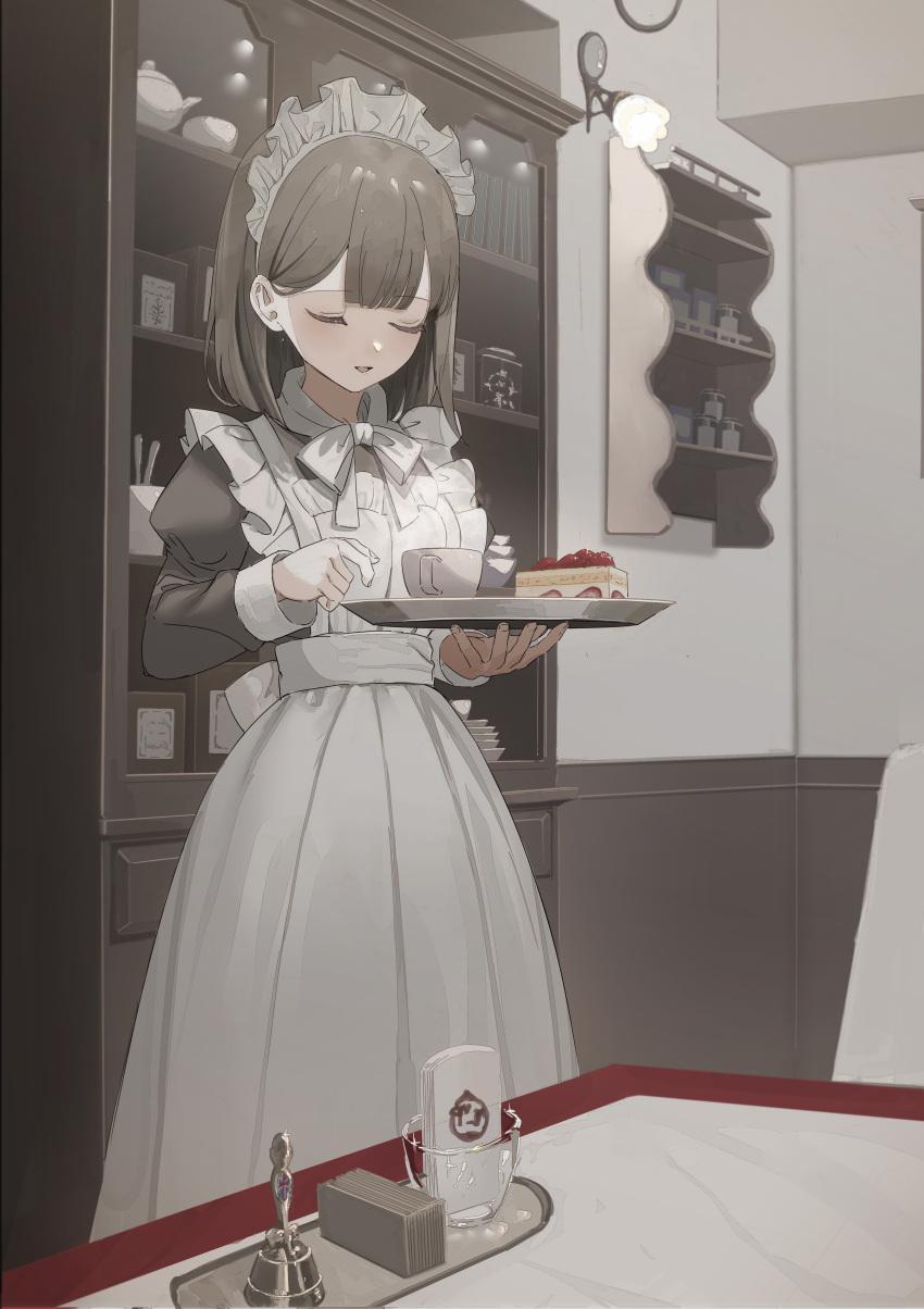 1girl absurdres apron black_dress black_hair bow cake cake_slice closed_eyes collared_dress commentary_request cup dress facing_viewer food frilled_apron frills fruit highres holding holding_tray indoors juliet_sleeves long_sleeves maid maid_apron maid_headdress original puffy_sleeves shii_(kairi-t-k0317) short_hair smile solo standing strawberry tray white_apron white_bow