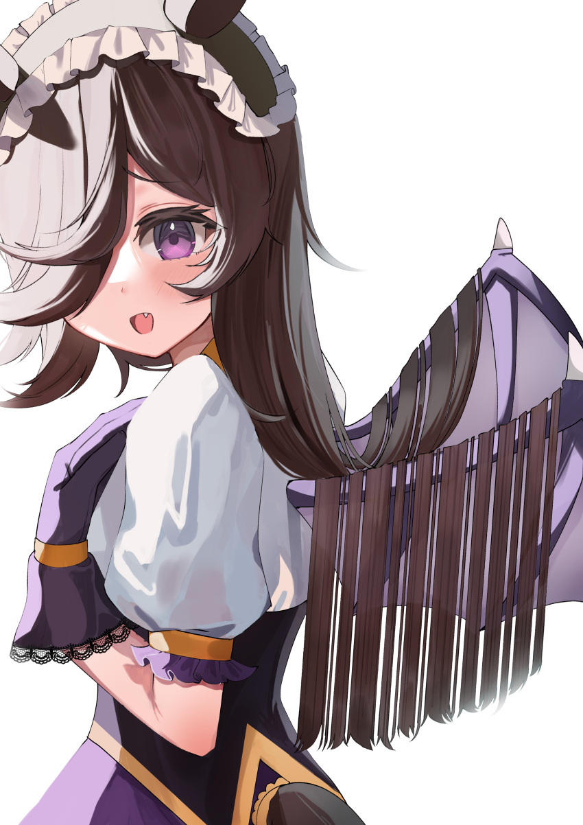 1girl absurdres animal_ears black_gloves blush brown_hair dress fake_wings fang frilled_headwear gloves hair_over_one_eye headdress highres horse_ears horse_girl horse_tail long_hair make_up_in_halloween!_(umamusume) open_mouth puffy_short_sleeves puffy_sleeves rice_shower_(make_up_vampire!)_(umamusume) rice_shower_(umamusume) short_sleeves simple_background smile solo tail tail_through_clothes umamusume upper_body violet_eyes white_background white_dress white_headdress wings yokawa_nagi