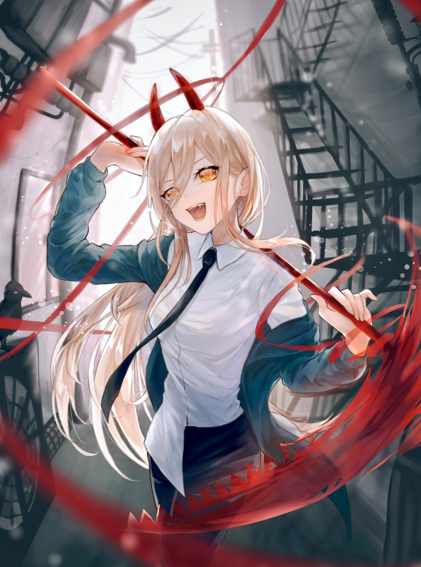 1girl :d absurdres bird black_jacket black_necktie black_pants blood chainsaw_man collared_shirt crow fangs formal highres holding holding_scythe holding_weapon horns jacket long_hair long_sleeves looking_at_viewer necktie orange_eyes orange_hair outdoors pants pnktramen power_(chainsaw_man) scythe sharp_teeth shirt smile solo stairs teeth upper_teeth_only weapon white_shirt
