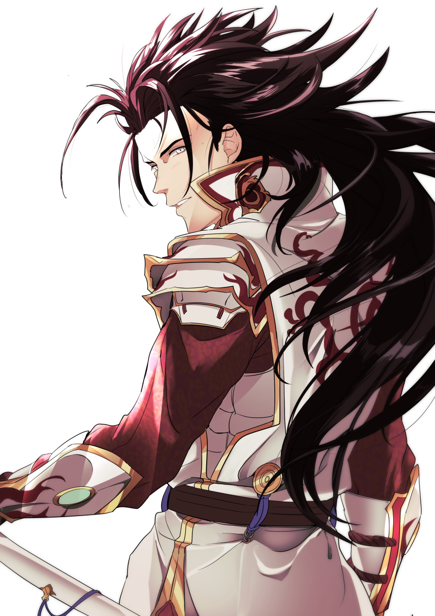 1boy absurdres armor back_turned brown_hair fire_emblem fire_emblem_fates highres japanese_armor japanese_clothes katana long_hair looking_at_viewer ryoma_(fire_emblem) solo sou_mei sword upper_body weapon