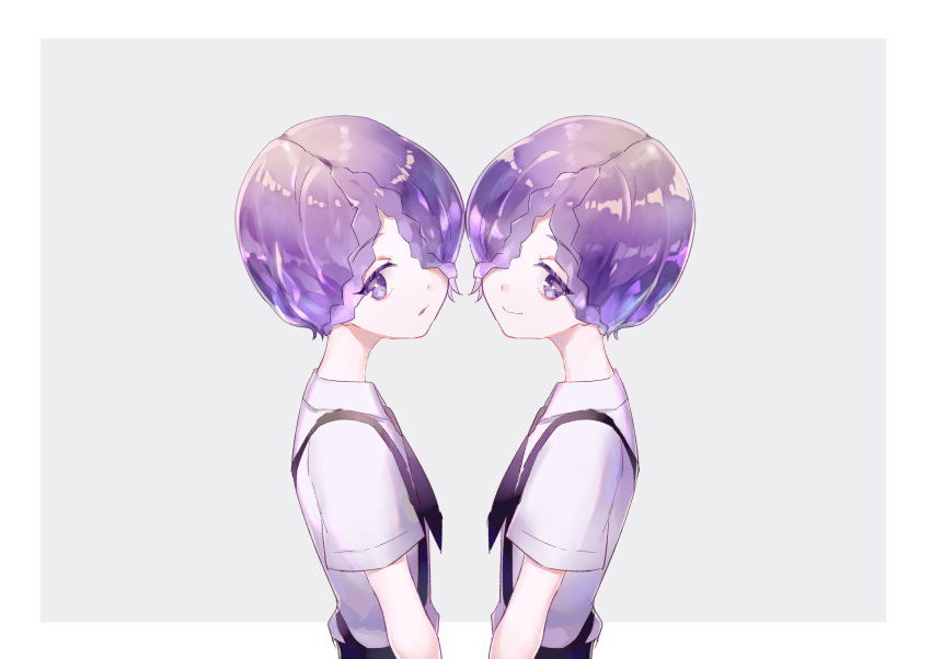 2others absurdres amethyst_(houseki_no_kuni) androgynous blue_background braid commentary_request diffraction_spikes expressionless gem_uniform_(houseki_no_kuni) highres houseki_no_kuni jitome looking_at_viewer mirin. multiple_others necktie other_focus purple_hair short_hair siblings smile sparkle twins violet_eyes
