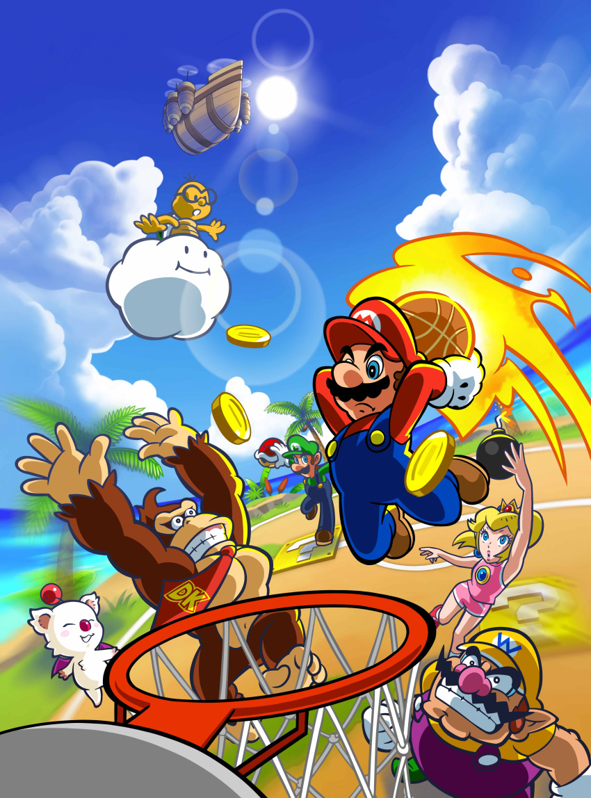 1girl 1other 5boys absurdres arms_up basket basketball_hoop blonde_hair blue_eyes blue_overalls blue_sky clouds crown donkey_kong facial_hair gloves green_headwear green_shirt highres holding holding_basket jumping lakitu luigi mario mario_hoops_3-on-3 moogle multiple_boys mustache necktie official_art outdoors overalls pink_shirt pink_shorts pointy_ears ponytail princess_peach purple_overalls red_headwear red_necktie red_shirt shirt short_sleeves shorts sky sleeveless super_mario_bros. wario white_gloves yellow_shirt