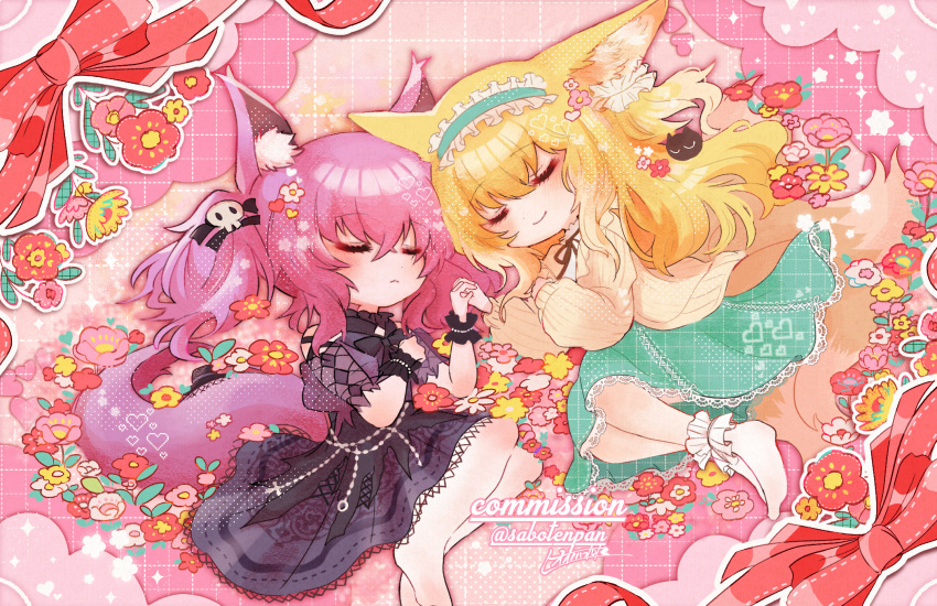 2girls animal_ear_fluff animal_ears ankle_socks aqua_hairband aqua_skirt arknights black_cat black_dress blonde_hair bobby_socks brown_ribbon cardigan cat closed_eyes closed_mouth commentary_request commission cross-laced_clothes cross-laced_skirt cross-laced_slit crossed_bangs crossover dress flower fox_ears fox_girl fox_tail frilled_hairband frills hair_between_eyes hair_ornament hair_scrunchie hairband heart heixiu highres holding_hands kitsune kyuubi long_sleeves luo_xiaohei_zhanji multicolored_hair multiple_girls multiple_tails neck_ribbon no_shoes official_alternate_costume oonohara_kenya open_cardigan open_clothes pantyhose puffy_long_sleeves puffy_sleeves purple_hair ribbon scrunchie shamare_(arknights) shamare_(echo_of_the_horrorlair)_(arknights) shirt skeb_commission skirt skull_hair_ornament sleeping smile socks suzuran_(arknights) suzuran_(spring_praise)_(arknights) tail twintails two-tone_hair white_hair white_pantyhose white_shirt white_socks wrist_cuffs yellow_cardigan