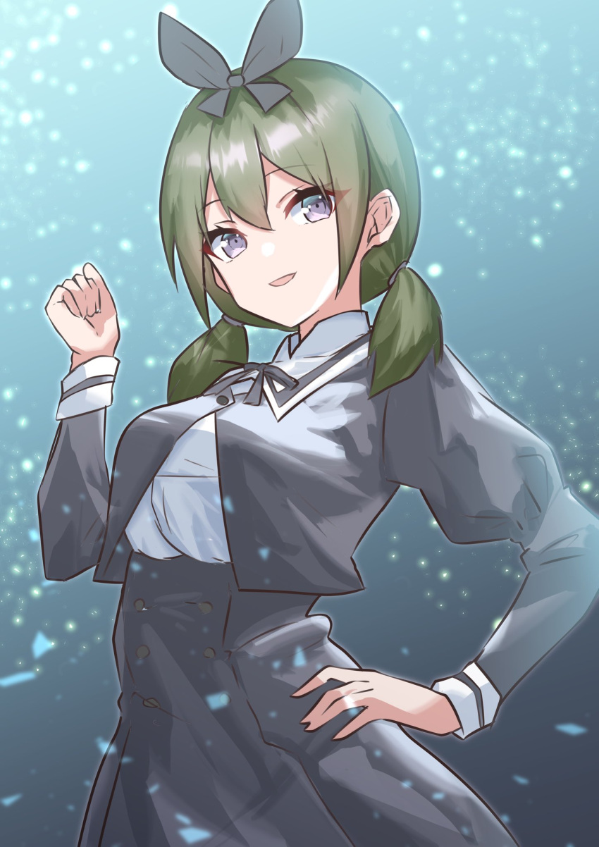 1girl aqua_background assault_lily black_background black_bow black_skirt bow breasts buttons cowboy_shot cropped_jacket gradient_background green_hair hair_between_eyes hair_bow hand_on_own_hip hand_up high-waist_skirt highres houji_tea_latte juliet_sleeves light_particles long_hair long_sleeves looking_at_viewer low_twintails medium_breasts neck_ribbon parted_lips puffy_sleeves ribbon school_uniform shirt skirt smile solo standing twintails violet_eyes white_shirt yamanashi_hibari yurigaoka_girls_academy_school_uniform