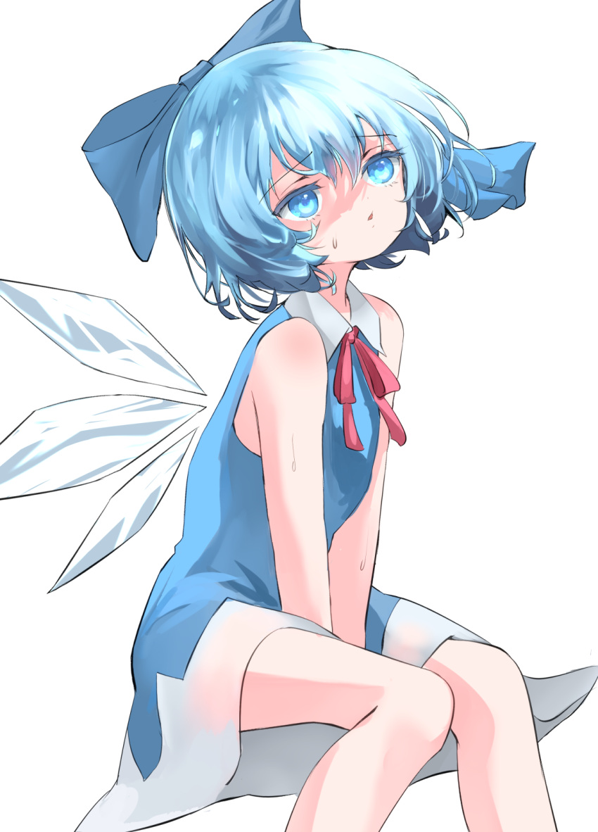 1girl adapted_costume bare_legs bare_shoulders between_legs blue_bow blue_dress blue_eyes blue_hair bow breasts cirno commentary_request dress feet_out_of_frame hair_between_eyes hair_bow hand_between_legs highres hot ice ice_wings invisible_chair knees_together_feet_apart looking_up mikan_(manmarumikan) no_undershirt petite short_hair shoulder_blush simple_background sitting small_breasts solo sweat touhou white_background wing_collar wings