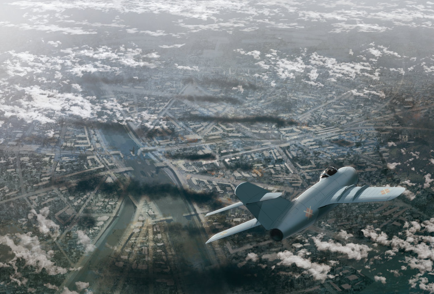 aircraft airplane asterisk_kome bridge broken_bridge cityscape clouds fighter_jet flying from_above highres jet mig-15 military_vehicle river ruins smoke smoke_trail winged_fusiliers