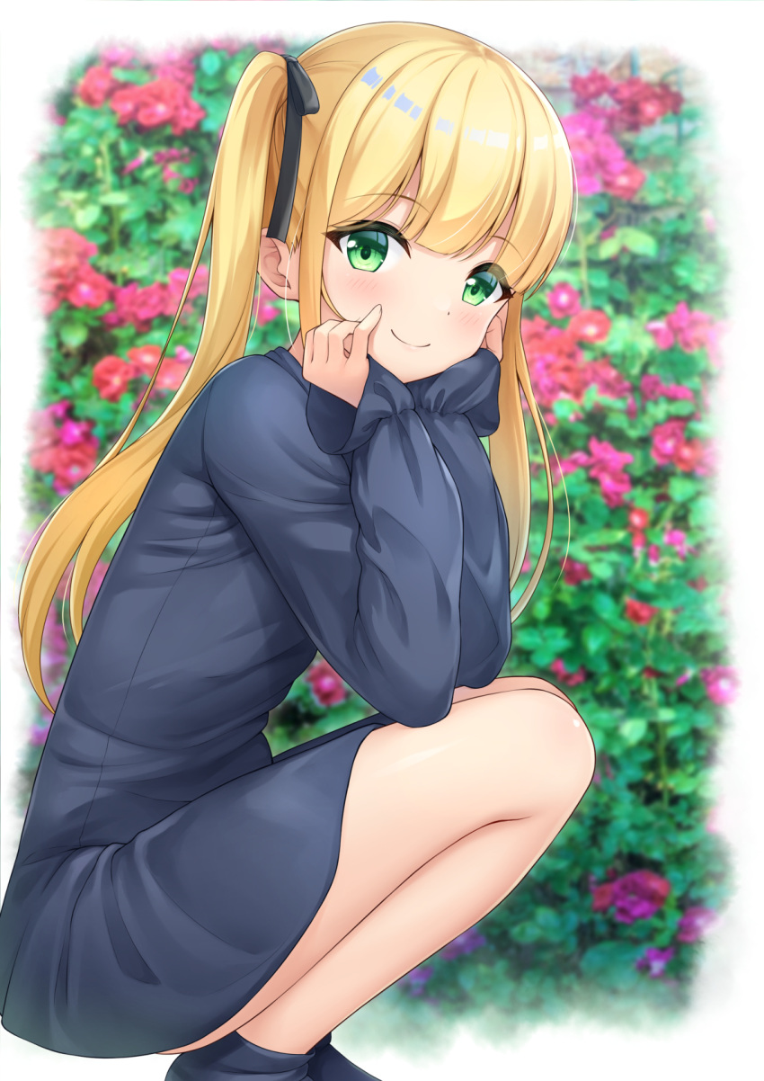 1girl 7fuji_06 blonde_hair blush bush commentary dress flower green_eyes hair_ribbon hands_on_own_cheeks hands_on_own_face highres long_hair long_sleeves looking_at_viewer original outdoors ribbon sleeves_past_wrists smile solo squatting twintails