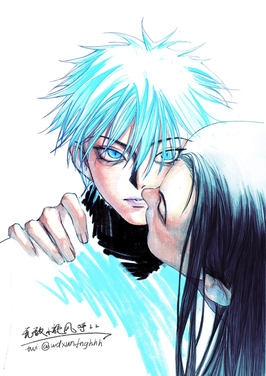 2boys black_hair blue_eyes brothers hand_on_another's_shoulder highres hunter_x_hunter illumi_zoldyck killua_zoldyck long_hair looking_at_viewer male_child male_focus multiple_boys short_hair siblings signature simple_background upper_body wdxunfnghhh white_background white_hair