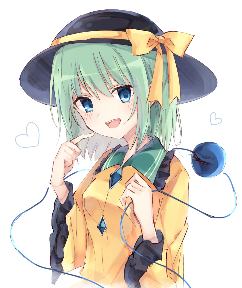 1girl black_headwear blouse blue_eyes blush bow buttons diamond_button eyeball frilled_shirt_collar frilled_sleeves frills furrowed_brow hair_between_eyes hands_up hat hat_bow hat_ribbon heart highres komeiji_koishi light_green_hair long_sleeves looking_at_viewer medium_hair open_mouth rena_(ke) ribbon shirt simple_background smile solo teeth third_eye touhou upper_body upper_teeth_only white_background wide_sleeves yellow_bow yellow_ribbon yellow_shirt