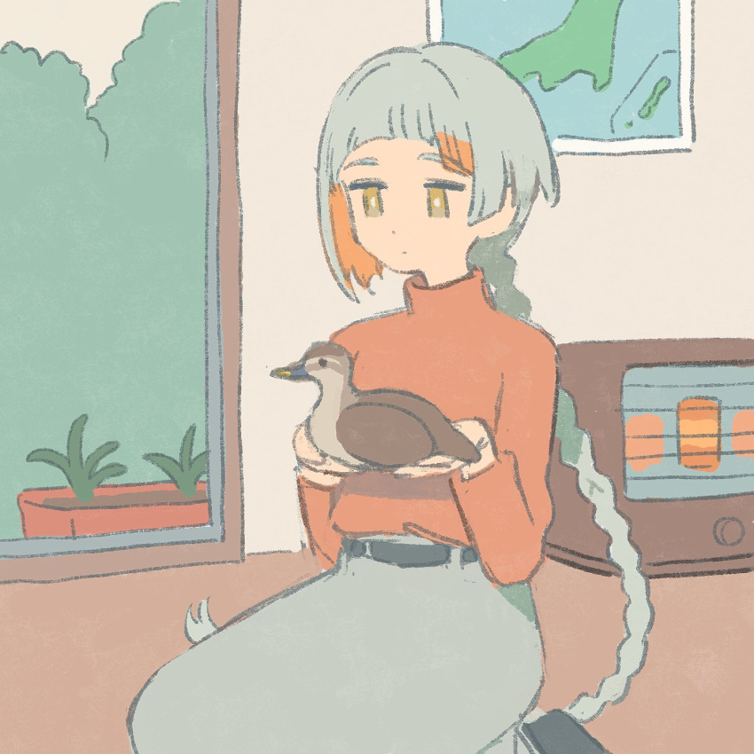 1girl animal bird blunt_bangs braid braided_ponytail bright_pupils chis-a closed_mouth commentary dot_mouth duck expressionless glass_door grey_hair grey_skirt highres holding holding_animal holding_bird indoors japan long_hair long_skirt long_sleeves looking_at_animal map_(object) muji_(uimss) multicolored_hair no_sclera on_floor orange_hair orange_sweater plant potted_plant raised_eyebrows seiza shirt_tucked_in sitting skirt solo space_heater streaked_hair sweater turtleneck very_long_hair voisona white_pupils yellow_eyes