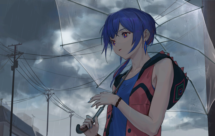 1girl absurdres blue_eyes blue_hair blue_shirt bracelet collarbone commentary day diamond_earrings earrings expressionless hair_over_shoulder highres holding holding_umbrella hood hood_down jacket jewelry kamitsubaki_studio long_hair looking_ahead low_ponytail multicolored_eyes multicolored_hair outdoors over_shoulder overcast parted_lips power_lines red_eyes red_jacket redhead rim_(kamitsubaki_studio) shirt sky sleeveless sleeveless_jacket sleeveless_shirt solo streaked_hair transparent transparent_umbrella umbrella upper_body utility_pole virtual_youtuber yellow_pupils zhongmu