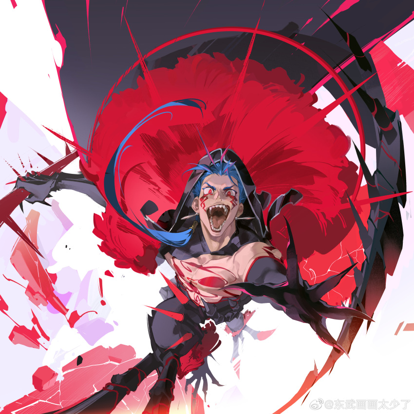 1boy absurdres black_gloves blue_hair cape claws crazy_eyes cu_chulainn_(fate) cu_chulainn_alter_(fate) cu_chulainn_alter_(third_ascension)_(fate) earrings elbow_gloves facepaint facial_mark fate/grand_order fate_(series) gae_bolg_(fate) gloves highres holding holding_polearm holding_weapon hood hood_up jewelry long_hair male_focus open_mouth polearm red_eyes spear spikes tail tattoo teeth tobu_0w0 weapon