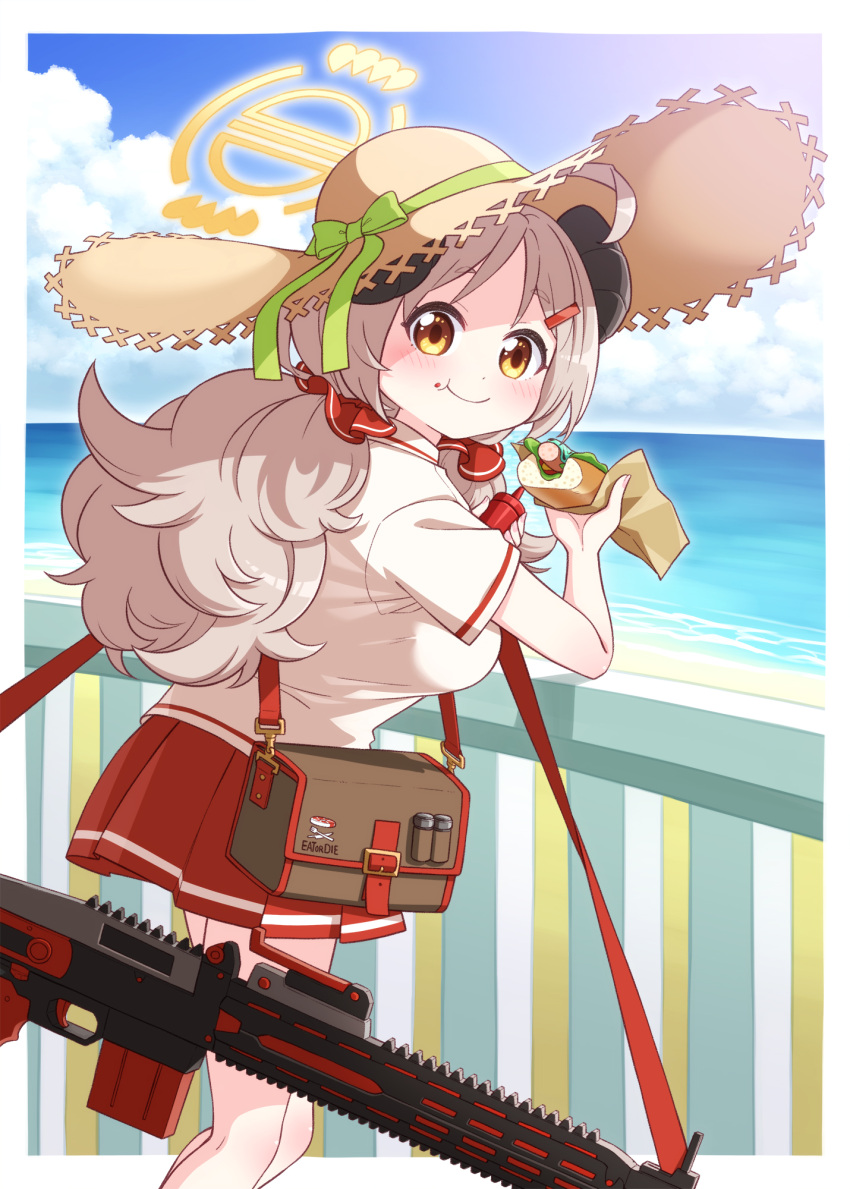1girl :t ahoge bag beach blue_archive blue_sky blush bottle bow breasts brown_eyes brown_hair brown_headwear closed_mouth clouds cloudy_sky collared_shirt commentary_request day eating food food_on_face forehead from_side green_bow gun hair_ornament hairclip halo harada_(sansei_rain) hat hat_bow highres holding holding_bottle holding_food horizon horns hot_dog izumi_(blue_archive) ketchup_bottle large_breasts long_hair looking_at_viewer looking_to_the_side low_twintails machine_gun mg3 ocean outdoors parted_bangs pleated_skirt railing red_skirt sand shirt short_sleeves shoulder_bag skirt sky smile solo straw_hat twintails very_long_hair water weapon white_shirt