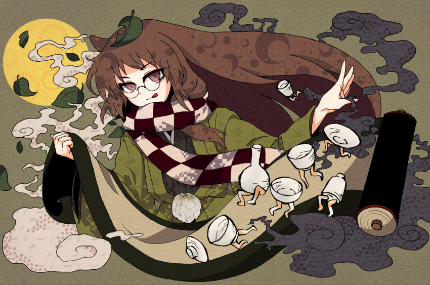 1girl animal_ears brown_hair closed_mouth forbidden_scrollery futatsuiwa_mamizou glasses japanese_clothes kimono leaf leaf_on_head long_hair looking_at_viewer pince-nez pupukapu336 raccoon_ears smile solo tanuki touhou upper_body