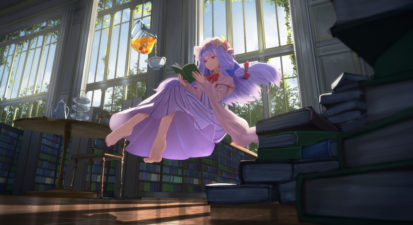 1girl absurdres barefoot book coat crescent crescent_hat_ornament cup dress floating hat hat_ornament highres library long_hair mob_cap patchouli_knowledge purple_hair reading ryosios solo striped striped_dress tea teacup touhou violet_eyes