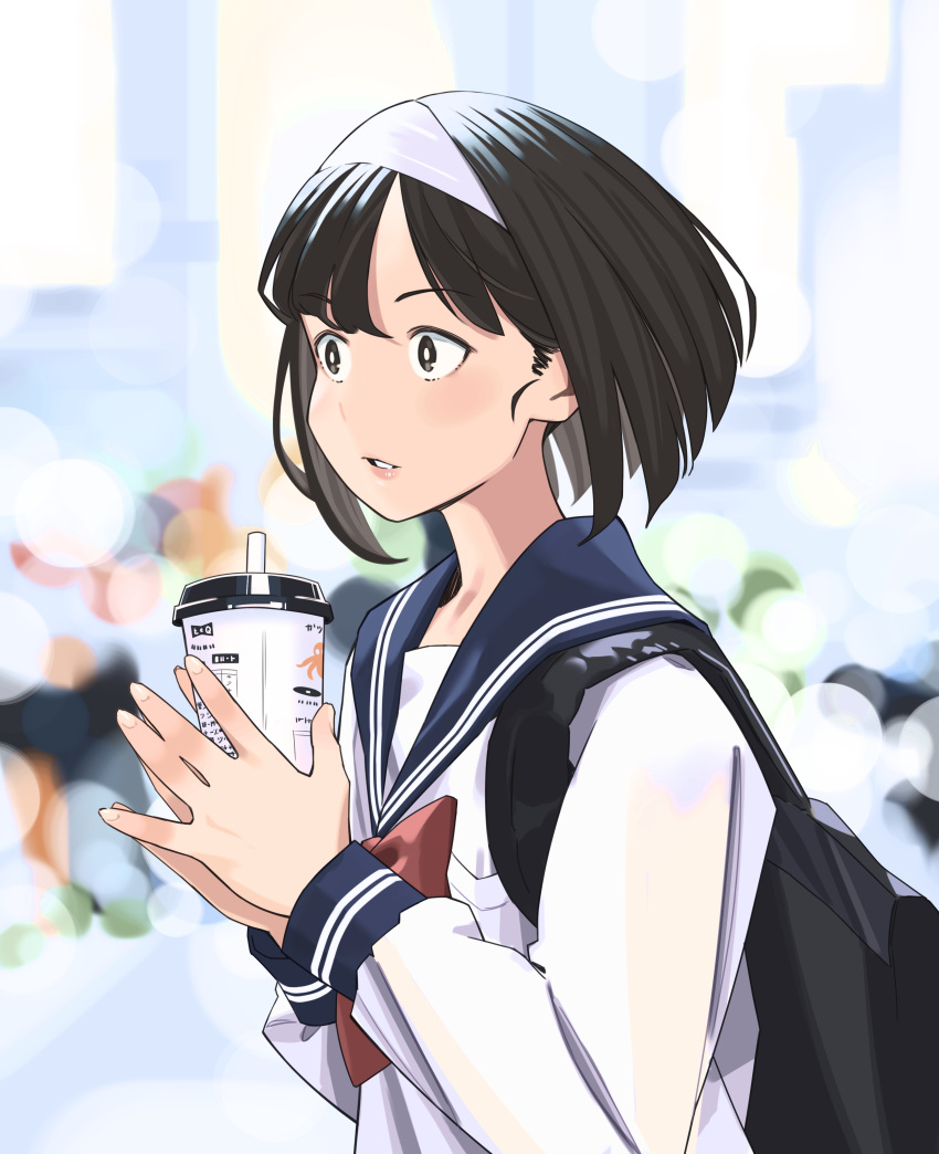 1girl absurdres backpack bag black_hair blue_sailor_collar blurry blurry_background bokeh bow bowtie brown_eyes cup depth_of_field drinking_straw hairband highres holding holding_cup kimi_no_na_wa. lewdrawings long_sleeves miyamizu_mitsuha parted_lips puffy_sleeves red_bow red_bowtie sailor_collar school_uniform serafuku shirt short_hair solo upper_body white_hairband white_serafuku white_shirt