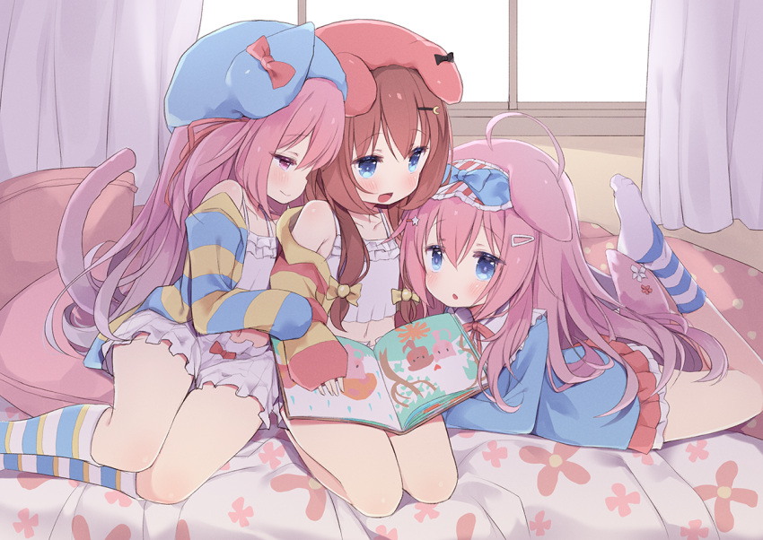 3girls animal_ears arashiya azur_lane bed bedroom bloomers blue_eyes blue_headwear blue_shirt bow_bloomers brown_hair camisole cardigan cat_ears cat_girl cat_tail commission commissioner_upload crescent crescent_hair_ornament curtains dog_ears dog_girl dog_tail eye_mask fumizuki_(azur_lane) hair_ornament hairclip hat hug indie_virtual_youtuber indoors kisaragi_(azur_lane) kneehighs long_hair lying multiple_girls navel on_stomach open_mouth picture_book pillow pink_eyes pink_hair pink_headwear reading ribbon shirt side_ponytail sitting skeb_commission smile socks striped striped_cardigan striped_socks tail thighs underwear usagi_nono very_long_hair virtual_youtuber white_bloomers white_camisole window