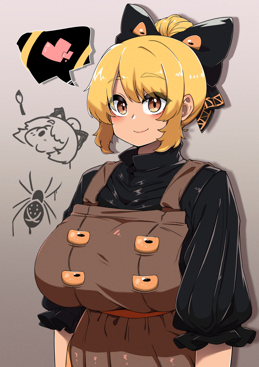 1girl absurdres black_bow black_shirt blonde_hair blush bow breasts brown_background brown_dress brown_eyes bug closed_mouth commentary_request dress extra_eyes eyes_visible_through_hair frilled_sleeves frills gradient_background hair_between_eyes hair_bow hair_bun heart highres huge_breasts kurodani_yamame looking_at_viewer medium_bangs pinafore_dress rinyamame shadow shirt short_hair short_sleeves single_hair_bun sleeveless sleeveless_dress smile solo spider spoken_heart touhou upper_body