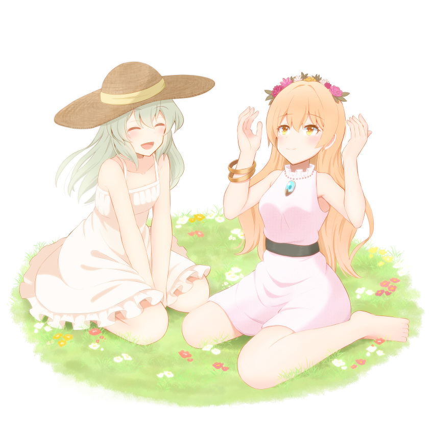 2girls :d absurdres adapted_costume alternate_costume alternate_hairstyle bangle bare_legs bare_shoulders barefoot belt between_legs blush bracelet breasts closed_eyes closed_mouth commentary_request dress flower frills grass green_hair hair_down hand_between_legs hands_up happy hat highres jewelry komeiji_koishi long_hair masakano_masaka medium_breasts multiple_girls necklace no_coat open_mouth orange_eyes orange_flower orange_hair outdoors petticoat red_flower seiza simple_background single_bare_arm sitting small_breasts smile touhou v_arms very_long_hair wariza white_background white_dress white_flower yorigami_jo'on