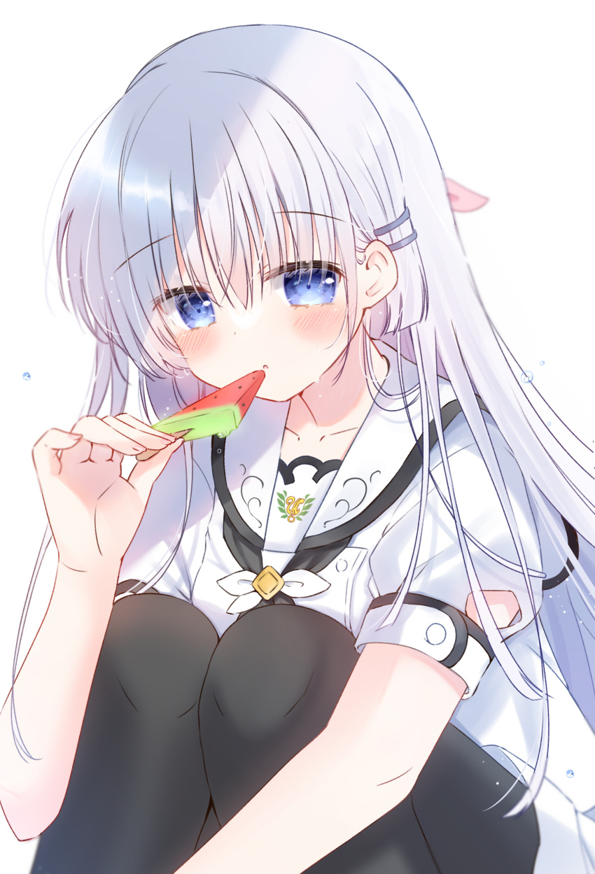 1girl absurdres black_pantyhose blue_eyes blush commentary_request cowboy_shot eyelashes eyes_visible_through_hair food hair_between_eyes hair_ornament hair_ribbon hairclip hand_up highres holding holding_food holding_ice_cream hot hugging_own_legs ice_cream knees_up long_hair naruse_shiroha open_mouth pantyhose pink_ribbon popsicle puffy_short_sleeves puffy_sleeves ribbon sailor_collar sakura_aki shirt short_sleeves simple_background sitting solo summer_pockets sweat very_long_hair watermelon_bar white_background white_hair white_sailor_collar white_shirt