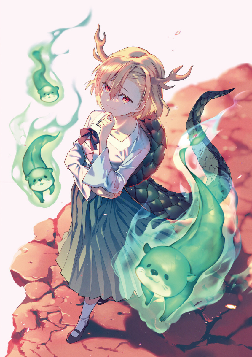 1girl animal_ears antlers blonde_hair blue_shirt blue_skirt bow dragon_girl dragon_horns dragon_tail highres hiiragi_akio horns kicchou_yachie looking_at_viewer mary_janes otter otter_ears otter_spirit_(touhou) red_eyes shirt shoes short_hair skirt smile solo spirit square_neckline strange_creators_of_outer_world tail touhou turtle_shell yellow_horns