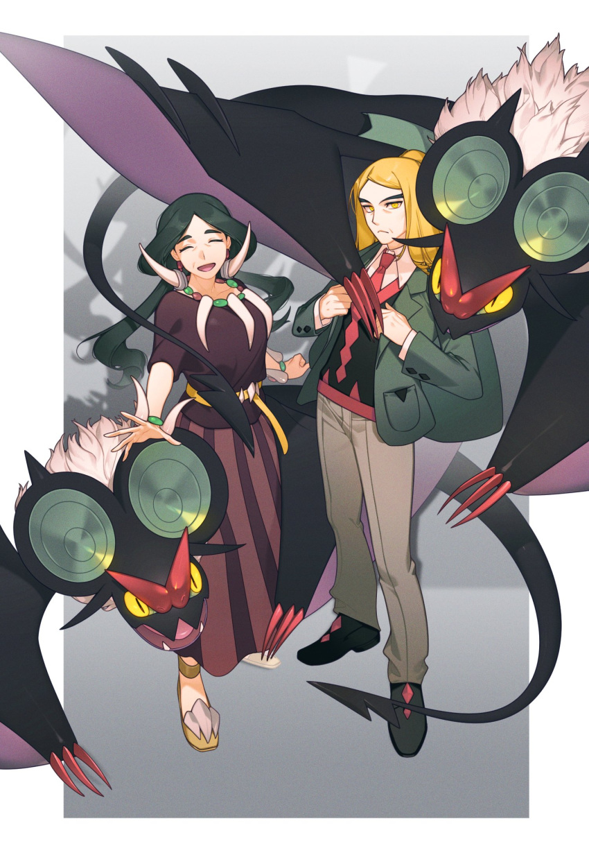 1boy 1girl :d black_footwear black_vest blonde_hair bracelet closed_eyes closed_mouth collared_shirt commentary_request drasna_(pokemon) earrings green_jacket hassel_(pokemon) highres jacket jewelry korean_commentary long_hair necklace necktie noivern open_clothes open_jacket open_mouth pants parted_bangs pokemon pokemon_(game) pokemon_sv pokemon_xy rumong shirt shoes skirt smile standing vest white_shirt yellow_eyes
