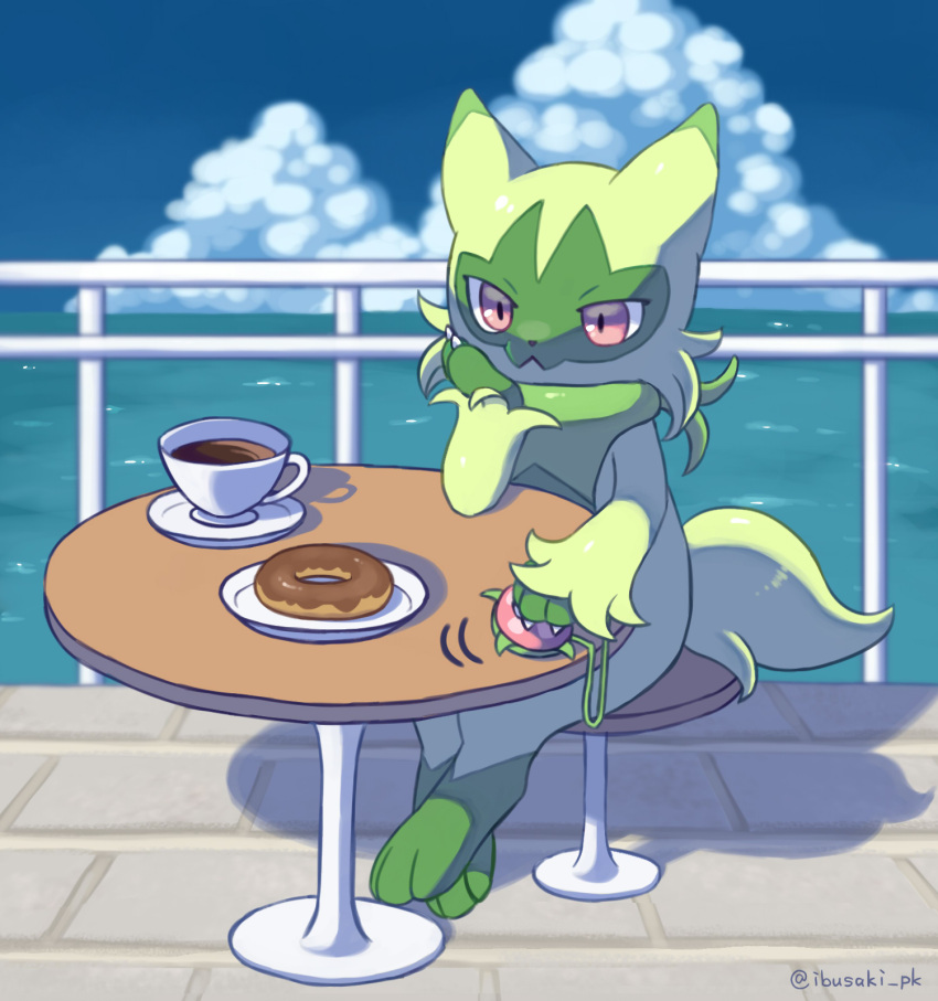 claws closed_mouth clouds commentary_request cup day doughnut floragato food highres ibusaki_(ivu) outdoors pokemon pokemon_(creature) saucer sky solo table water
