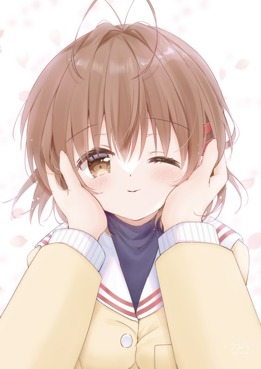 1girl absurdres antenna_hair blush brown_eyes brown_hair clannad closed_mouth commentary_request eyelashes eyes_visible_through_hair falling_petals furukawa_nagisa hair_between_eyes hair_ornament hairclip hands_on_another's_cheeks hands_on_another's_face highres jacket looking_at_viewer medium_hair one_eye_closed paid_reward_available petals pov pov_hands sailor_collar sakura_aki school_uniform simple_background smile solo_focus straight-on upper_body white_background white_sailor_collar yellow_jacket