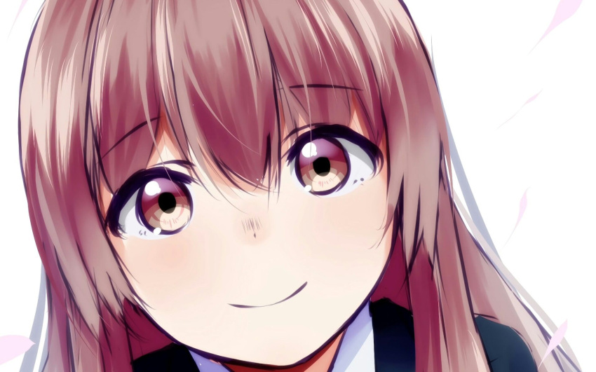 1girl black_jacket brown_eyes brown_hair close-up closed_mouth collared_shirt highres ichtus jacket koe_no_katachi long_hair looking_at_viewer nishimiya_shouko school_uniform shirt simple_background smile solo white_background white_shirt