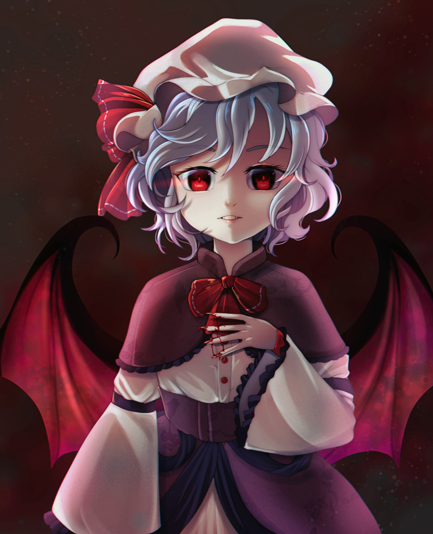 1girl absurdres alternate_costume bat_wings blood bow bowtie buttons capelet clouds dungeon_toaster flat_chest grey_hair hand_up hat highres light_smile looking_at_viewer messy_hair mob_cap nail_polish night night_sky parted_lips red_bow red_bowtie red_nails remilia_scarlet short_hair sky solo star_(sky) straight-on teeth touhou upper_body wings