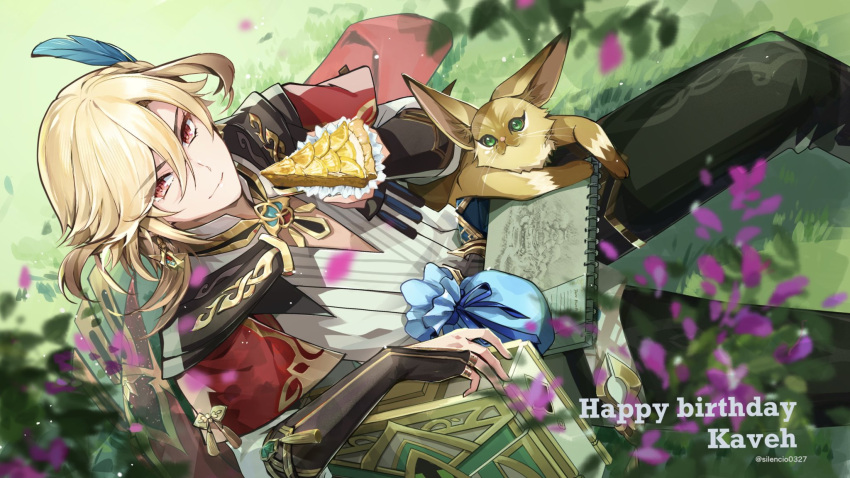 1boy artist_name bag black_gloves black_pants blonde_hair blurry blurry_foreground braid branch cape character_name closed_mouth commentary_request earrings eyelashes feather_hair_ornament feathers fingerless_gloves flower food fox fruit genshin_impact gloves gold_trim grass hair_between_eyes hair_ornament hand_up happy_birthday highres holding holding_food jewelry kaveh_(genshin_impact) lemon lemon_slice long_hair looking_at_viewer male_focus mehrak_(genshin_impact) necklace on_grass pants parted_bangs pie pie_slice red_cape red_eyes sasame_yuuki shirt sidelocks single_braid sitting smile solo suitcase twitter_username white_shirt