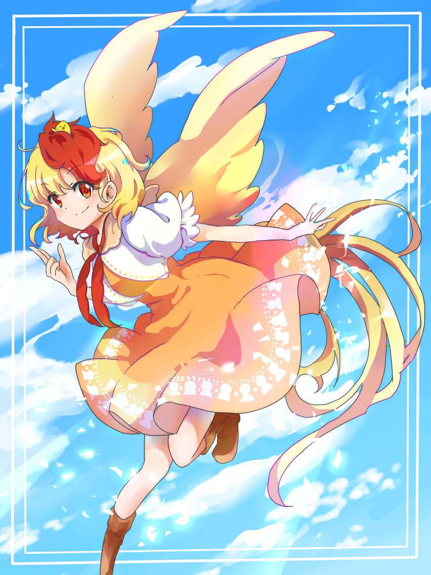 animal animal_on_head bird bird_on_head bird_tail bird_wings blonde_hair blue_sky brown_footwear chick chicken commentary_request dress feathered_wings highres miyapon531 multicolored_hair niwatari_kutaka on_head orange_dress redhead shirt short_hair sky smile tail tail_feathers touhou two-tone_hair white_shirt wings yellow_wings