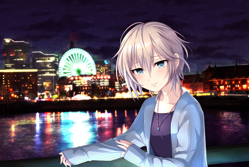 1girl absurdres anastasia_(idolmaster) black_shirt blue_cardigan blue_eyes blush cardigan closed_mouth collarbone ferris_wheel grey_hair hair_between_eyes highres idolmaster idolmaster_cinderella_girls jewelry long_sleeves necklace night open_cardigan open_clothes outdoors popon_ta ribbed_cardigan river shirt short_hair sky sleeves_past_wrists smile solo sparkle star_(sky) starry_sky