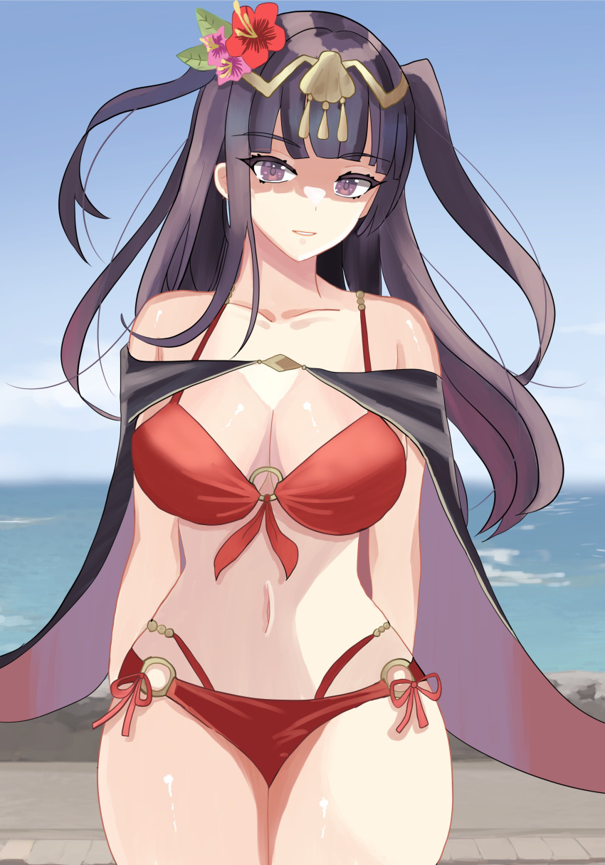 1girl absurdres arms_behind_back bikini black_cape black_hair cape collar fire_emblem fire_emblem_awakening fire_emblem_heroes highres looking_at_viewer n_54 navel o-ring o-ring_bikini official_alternate_costume parted_lips red_bikini shaded_face side-tie_bikini_bottom smile solo swimsuit tharja_(fire_emblem) tharja_(summer)_(fire_emblem) violet_eyes