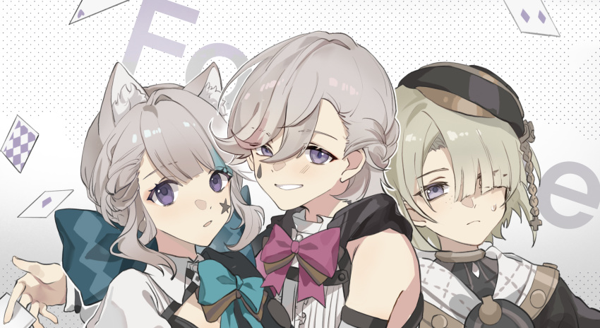 1girl 2boys androgynous animal_ears asymmetrical_bangs beret black_headwear blonde_hair brother_and_sister brothers card cat_ears cat_girl closed_mouth facial_mark freminet_(genshin_impact) genshin_impact grey_hair hair_over_one_eye hat highres long_hair long_sleeves looking_at_viewer lynette_(genshin_impact) lyney_(genshin_impact) multiple_boys playing_card shimianaya short_hair siblings simple_background star_(symbol) star_facial_mark star_tattoo tattoo teardrop_facial_mark teardrop_tattoo violet_eyes white_background